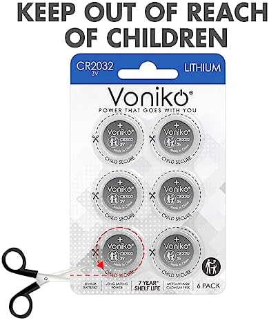 Voniko CR2032 3V Lithium Batteries 6 Pack for Child Safety, Compatible with AirTag, Key Fobs, Thermometers, Scales – 7 Years Shelf Life