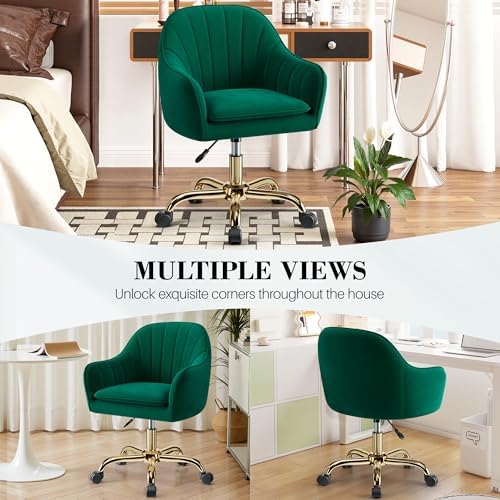 Vanity Chair with Wheels, Comfy Home Office Desk Chairs Adjustable Modern Velvet Makeup Vanity Chairs for Bedroom Living Room-Green