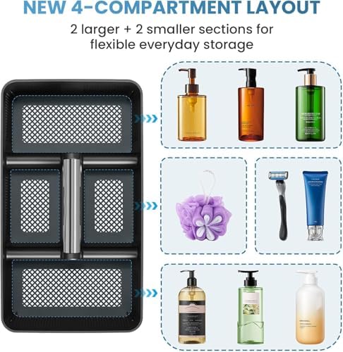 BYUNER Plastic Shower Caddy Dorm: Portable Cleaning & Shower Caddy with Handle, 4 Divided Compartments, All-Side Drainage, Rigid Plastic Basket Tote for College Dorm & Bathroom Use, Black/Silver