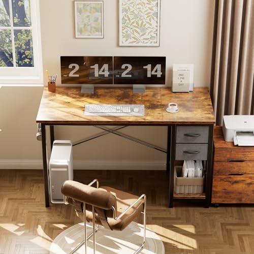 Sweetcrispy 40-Inch Computer Desk with Drawers, Office Desk, Brown