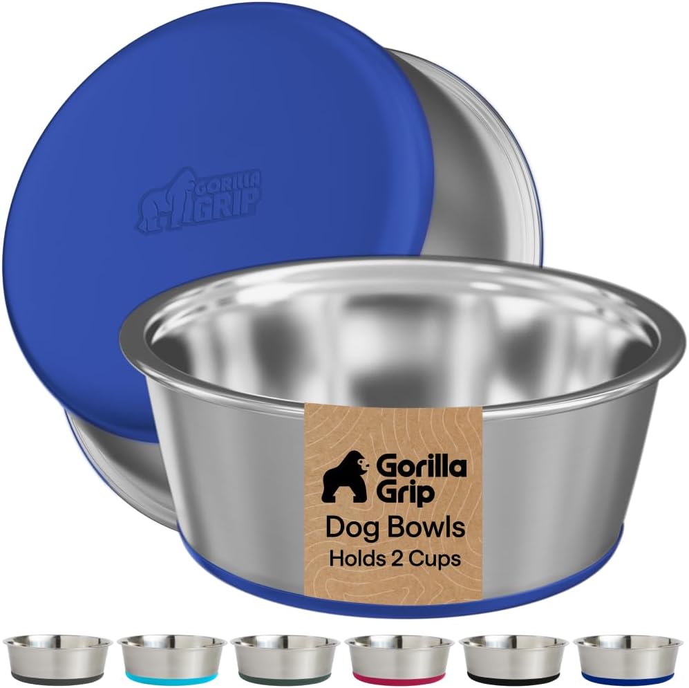 GORILLA GRIP Dog Bowls, Food Grade Stainless Steel, Set of 2, 2 Cup, Black | 304 Stainless Steel Pet Feeding Bowls Hold 16 fl oz Each, Dishwasher Safe, Rust Resistant, BPA Free Rubber Base
