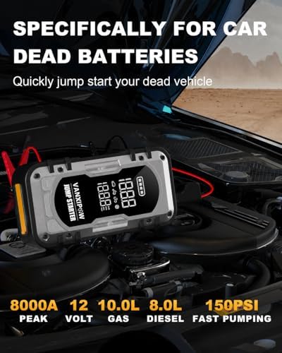 8000A Portable Car Battery Jump Starter with Air Compressor, 150PSI (9.0 L Gas/8.0L Diesel), 12V Jump Box Car Battery with 600 Lm LED Light, with Large LED Display, Power Bank