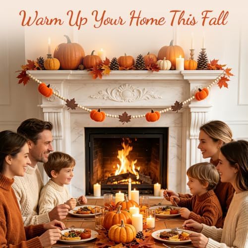 6.8 FT Fall Pumpkin Garland with Maple Leaves and Wood Beads, Autumn Decor