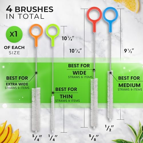 Buenalife Heavy Duty Cleaning Brushes Set of 4 - Extra Long Straw Cleaners for Metal and Plastic Reusable Drinking Straws, to Clean Small Spaces, Sippy Cups, Water Bottles - Sturdy Hard Brush Bristles