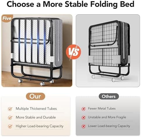 Decofy Folding Bed with Memory Foam Mattress Portable Rollaway Guest Beds on Wheels, 75"x31" Twin Size Space-Saving Cot-Size Bed for Adults with Easy Assembly Metal Frame (White)