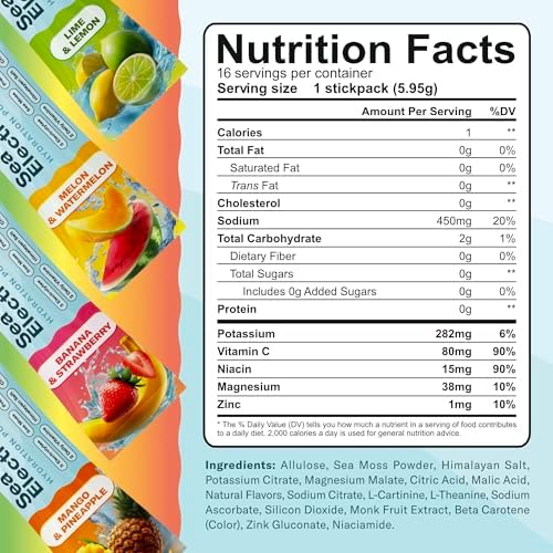 TrueSeaMoss Electrolytes Powder Concentrate Packets – 16 Stickpacks – Hydration Powder with Sea Moss and Potassium – No Sugar Drinks – Variety Pack