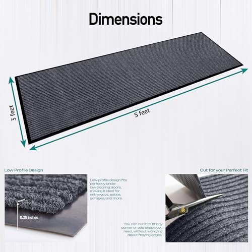 Commercial Floor Mat, Heavy Duty Indoor Outdoor Door Mat, 3x5 Feet Grey, Waterproof Entrance Mat, Non-Slip Backing Rug for Office, Store, Warehouse, Hallway, Garage & Entryway