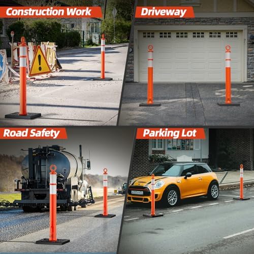 RoadHero 42 Inch Orange Traffic Delineator Post Cones with Base, 6 Pack