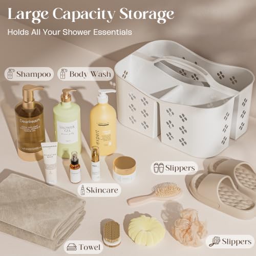 Portable Shower Caddy with Handle, Large Capacity Shower Basket Organizer, Quick-Drain Bathroom Storage Tote, Durable Plastic Shower Organizer for College Dorm, Beach, Gym, Travel Essentials, White