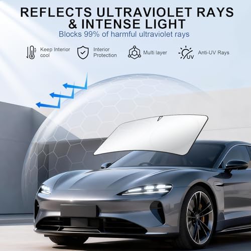 JUSTTOP 300T Car Windshield Sun Shade, Universal Foldable Reflective Sun Shade with Storage Bag, Car Interior Accessories, Fit for Cars Trucks SUVs(63" L x 35" W)