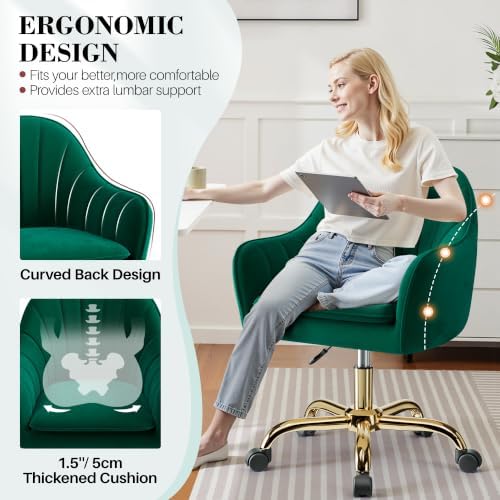 Vanity Chair with Wheels, Comfy Home Office Desk Chairs Adjustable Modern Velvet Makeup Vanity Chairs for Bedroom Living Room-Green