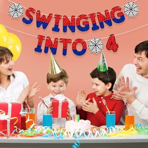 TaoBary Spider Theme 4th Birthday Banner Swinging into 4,Red and Blue
