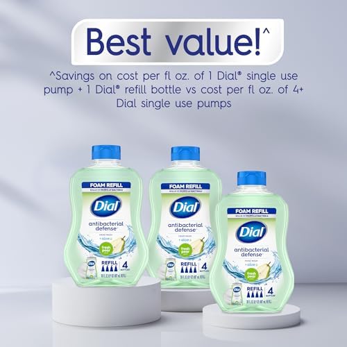Dial Antibacterial Defense Foaming Hand Soap + Aloe, Fresh Pear Scent, 30 Fl Oz Hand Soap Refill (Pack of 4), Dermatologist-Tested, Gentle on Skin