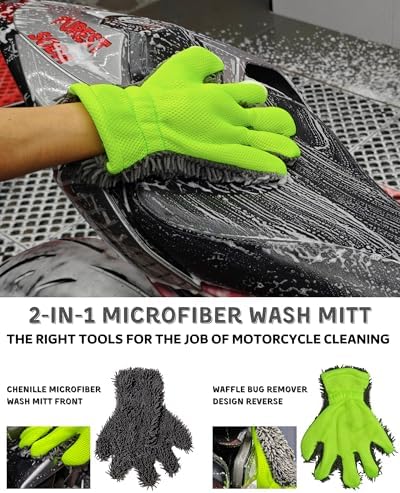 oesee 8 Pack Motorcycle Cleaning Kit - Professional Safe for Chrome/Engine/Tires, Hard Reach Brush, Microfiber Mitt, Detailing Tools, Drying Towel & Wax Applicators