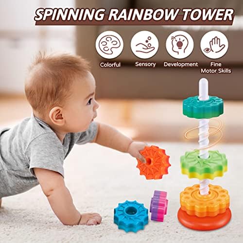JUXUE Baby Spinning Stacking Toys for Toddlers 1-3, Rainbow Ring Stacker Montessori Toys for Babies for 12 Months, 1 2 3 One Year Old Girl Boy Christmas Birthday Gifts, Autism Sensory Learning Toy