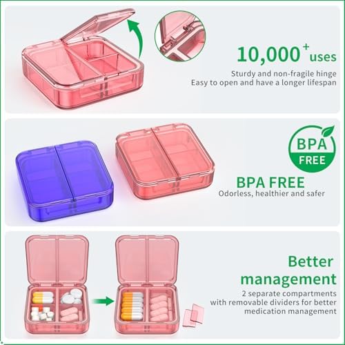Small Pill Box,4 Compartments Travel Pill Case, Portable Pill Organizer,Mini Pill Container for Pocket,Daily Compact Travel Medicine Holder for Vitamins Fish Oil and Supplement Storage(Pink+Purple)
