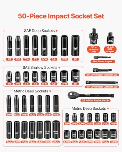 VEVOR 3/8" Drive Impact Socket Set, 50-Piece, Deep & Shallow Kit