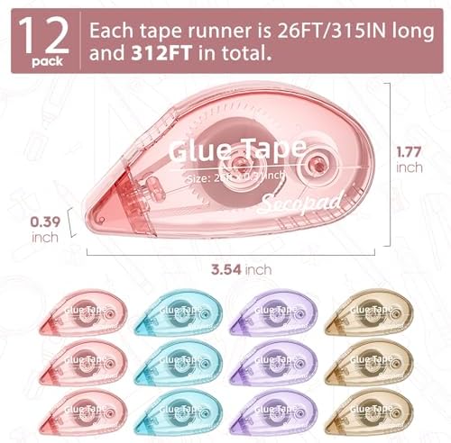 Secopad Scrapbook Tape, 12 Pack Glue Tape, Light-Colored Shell