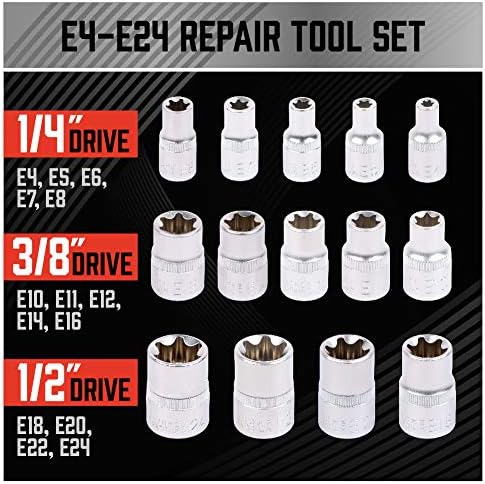 SEDY 14-Piece E-TORX Socket Set - Premium Female Torx Socket Set, Ultimate Torque Star Sockets, External Torx Sockets, E4 E5 E6 E7 E8 E10 E11 E12 E14 E16 E18 E20 E22 E24