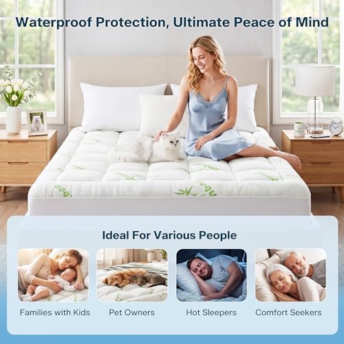 Waterproof Queen Size Mattress Topper Viscose Derived from Bamboo, Extra Thick Mattress Pad for Back Pain, Cooling Mattress Protector with Deep Pocket 8"-21", Green,Queen