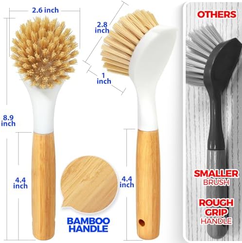 Holikme 3 Pack Dish Brush with Bamboo Handle Cleaning Brush,White Black