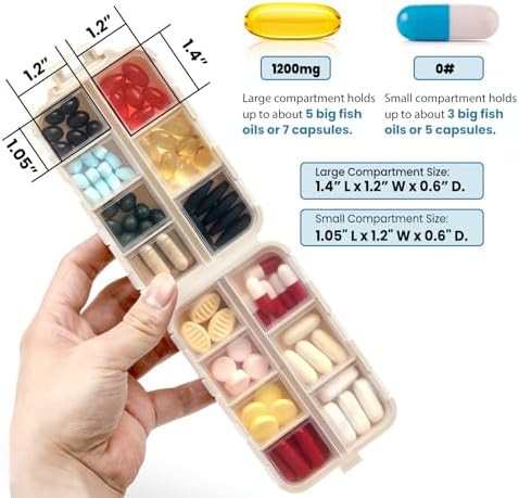 LANDNEOO 14 Grids Pill Organizer Box with Labels, Travel Medication Holder Dispenser Case Kit, Pocket Daily Pharmacy Container for Fish Oil Vitamin Supplement Storage, Khaki Pink Grey, 3 Pack