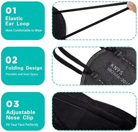 LEMENT 50pcs KN95 Face Mask Black 5-Layer Filter≥95% Cup Dust Safety Masks