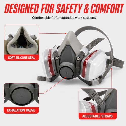 LAUCO Premium Respirator Kit - Reusable Half Face Cover Set with Safety Glasses for Gas, Painting, Machine Polishing, Staining, Car Spraying, Sanding & Cutting, DIY and Other Work Protection