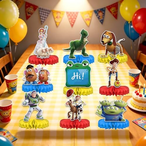 Birthday Decorations, 9PCS Honeycomb Centerpieces for Kids Party Supplies, Double Sided Table Decorations, Cartoon Theme Party Decor for Boys Girls Birthday Celebration