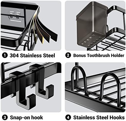 AKTECKE Corner Shower Caddy, 2 Pack Adhesive Shower Corner Organizer Shelves, No Drilling Stainless Steel Shower Storage Rack with Hooks&Toothpaste Holder for Bathroom Kitchen （for 90° Corners Only）