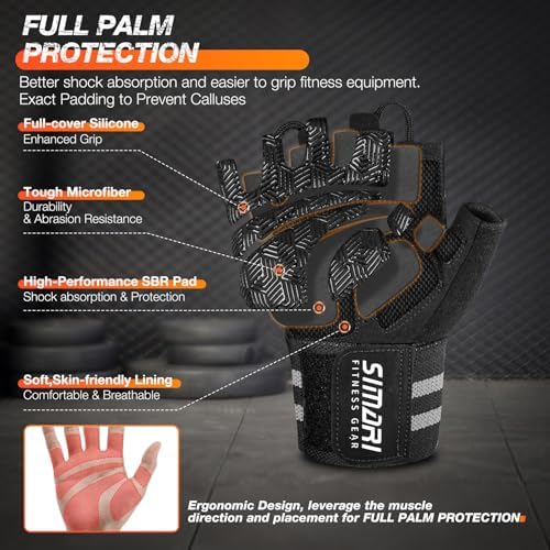 SIMARI Workout Gym Gloves for Men Women, Weight Lifting Gloves with Wrist Wrap Support, SBR Pad Grip for Full Palm Protection, for Exercise, Fitness, Dumbbells, Barbell, Climbing, Fingerless