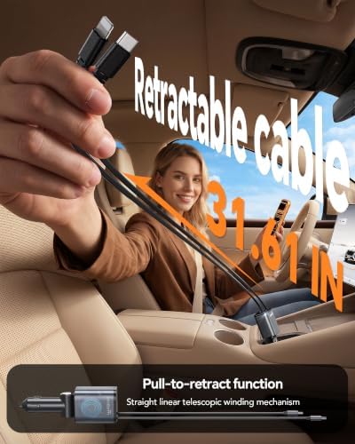Retractable Car Charger,75W Car Phone Charger USB C Fast Charge for iPhone