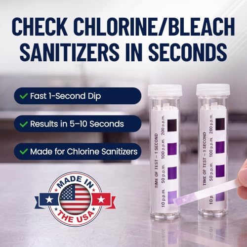 Chlorine Test Strips for Restaurants and Food Services, 1 x Vial of 100 Sanitizer Test Strips for Kitchens, 0-200 ppm Testing Kit for Sanitizing Solution, Precise Bleach Testing Kit by FryOilSaver Co.