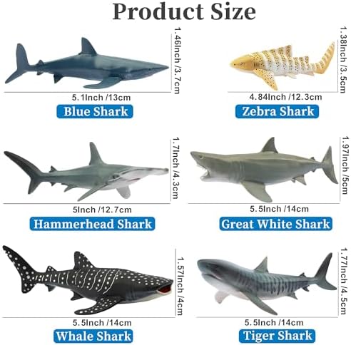 Toymany 6PCS 5-6" L Realistic Shark Bath Toy Figurines, Plastic Ocean Sea Animals Figures Set Includes Great White Shark Cake Toppers Christmas Birthday Gift for Kids Toddlers