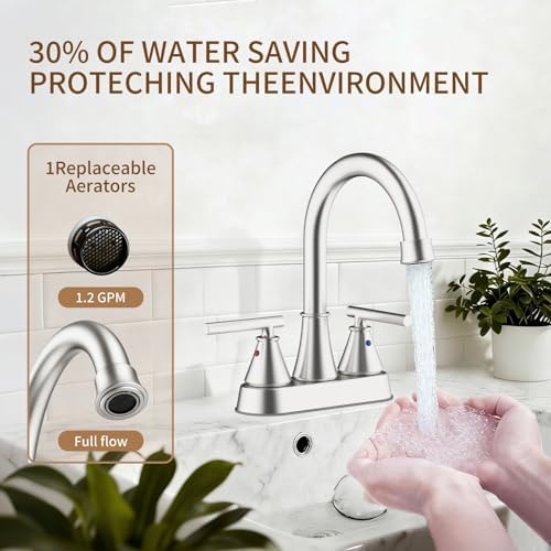 Bathroom Sink Faucet 4 Inch 2 Handle Centerset Brushed Gold Lead-Free Modern Bathroom Faucet Vanity Faucet with Pop-up Drain Stopper and Supply Hoses