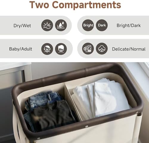 StorageWorks 2 Section Laundry Hamper, 100L Beige Sorter Cart with Wheels