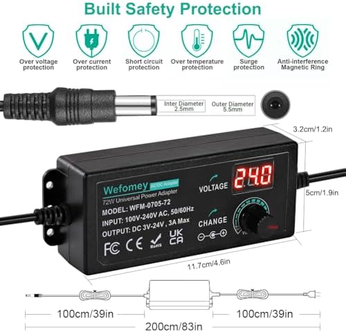 Wefomey Universal Power Supply Variable 3V~24V 3A 72W Multi Voltage Adapter