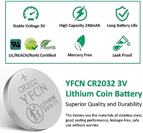 YFCN CR2032 Battery 3V Lithium Batteries 5 Count Pack CR2032 Batteries - CR 2032 Coin Cell Battery for AirTag, Key Fob, Remotes- 10 Years Shelf Life