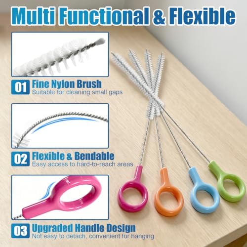 AONEZ Straw Cleaner Brush Set with Color Hanging Loop, 4 Pack
