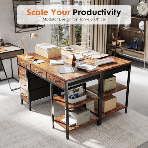 Sweetcrispy 47" Computer Desk with 6 Fabric Drawers & Storage Shelves