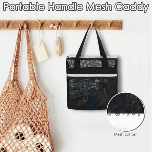 GYEUKHAM Mesh Shower Bag with 2 Zipper Pockets & Dual Handles, Quick-Drying Hanging Shower Caddy for College Essentials,Sunscreen,Dorm, Gym, Travel & Camping, Black