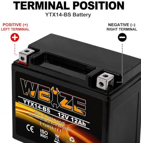 Weize YTX14 BS ATV Battery High Performance - Maintenance Free - Sealed AGM YTX14-BS Motorcycle Battery compatible with Honda Suzuki Kawasaki Yamaha scooter snowmobile