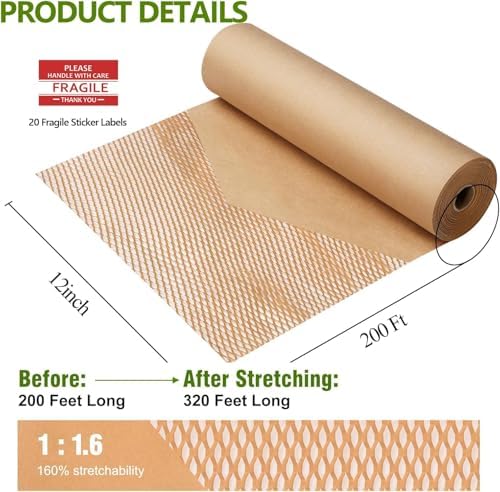 Honeycomb Packing Paper,12 inch x 200 ft Bubble Cushioning Wrap for Packing Moving,Products Gifts Wrapping Paper,Recyclable and Biodegradable Shipping Packing Materials with 20 Fragile Sticker Labels