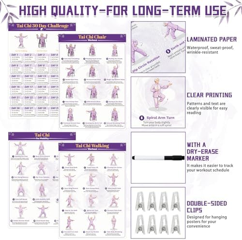 Tai Chi Workout Chart Poster Set for Seniors&Beginners,Purple,11.8X8.3inch