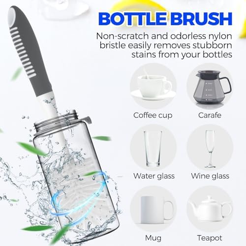 Holikme 6 Pack Dish Brush Set with Bottle Brush, Dish Scrub Brush,Gray