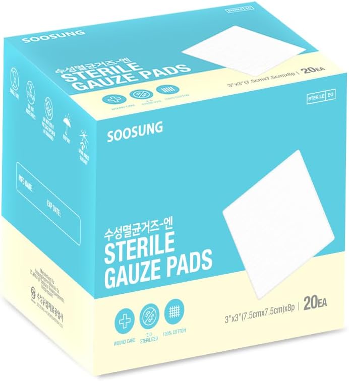 Sterile Gauze Pads 3x3 Inch (100 Count), 8-Ply Dense Woven Cotton, 32.3 g/m², Highly Absorbent, Latex-Free Wound Dressing for Cuts, Wound Care & First Aid, 20 Sterile Pouches of 5 – SOOSUNG