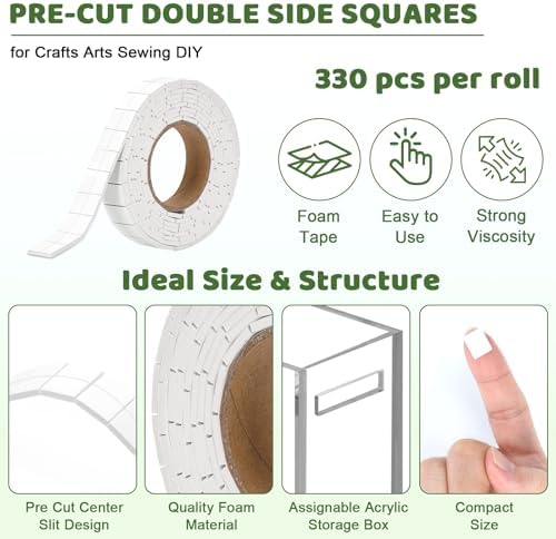 330 PCS Double Sided Foam Tape Pre Cut 1/2 X 2/5 Inch Small Adhesive Foam Squares for Crafts Thin Foam Craft Tape Split for Arts Crafts Sewing Scrapbook DIY Christmas (Tape, White)