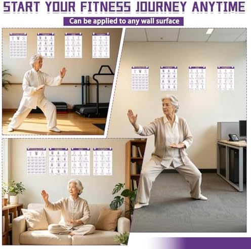 Tai Chi Workout Chart Poster Set for Seniors&Beginners,Purple,11.8X8.3inch