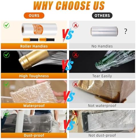 Stretch Film Shrink Wrap for Moving Supplies (15inch, 2 Pack) x 1000ft, Industrial Strength Plastic Wrap Stretch Roll for Pallet Wrapping Shipping Moving Boxes Storage Furniture with Handles, Clear