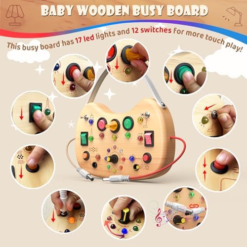 UdoUto Montessori Wooden Busy Board for Toddlers with LED Lights & Switches